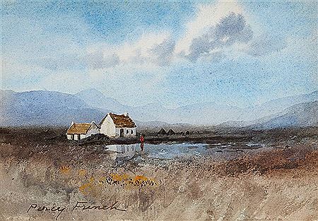 Cottage and figure in bog