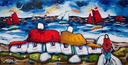 FIGURE WITH COTTAGES AND SAILBOATS