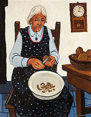 WOMAN PEELING POTATOES by James Macintyre - Auction record, sale price, and art valuation. Compare with similar artists and explore comparable artworks.