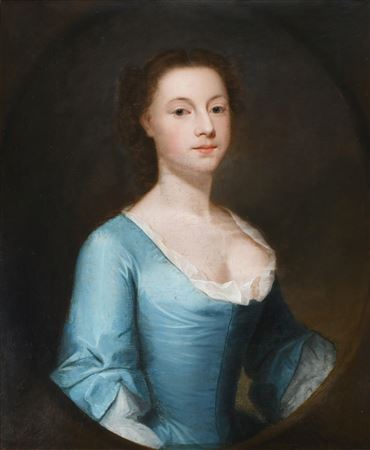 Portrait of Judith Bedingfield (1730-1794) half-length, wearing a blue dress in a painted oval