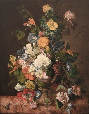 Still life with a vase of flowers on a marble ledge