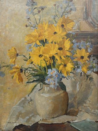 Still life with a vase of flowers on a tabletop
