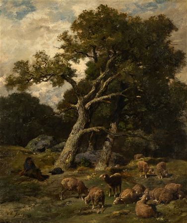 Shepherd with Flock in Landscape