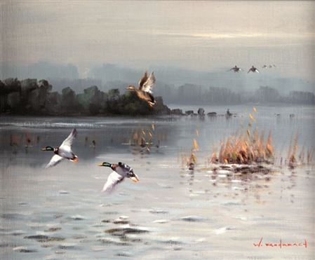 Flying ducks over the sea