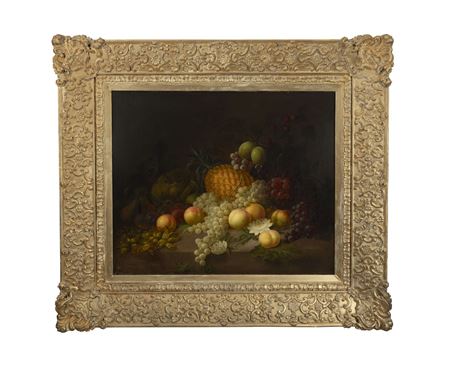 Still life, with a pineapple, plums, peaches and grapes