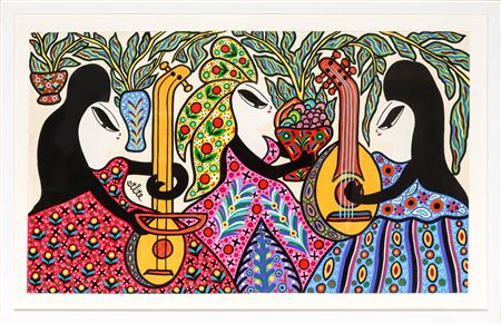Deux musiciennes et une femme au panier de fruits - 1991