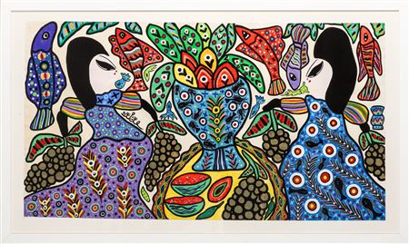 Deux femmes aux poissons et grappes de raisin noir - 1991