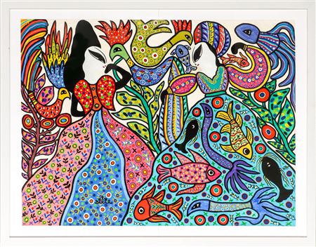 Deux danseuses aux volatiles et à la robe aux motifs de poissons - 1991