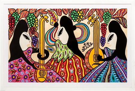 Two musicians and a dancer with bunches of grapes - 1991