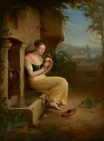 A young shepherdess; a young village woman holding a rose still soaked with dew and sitting on a fountain where she is fetching water