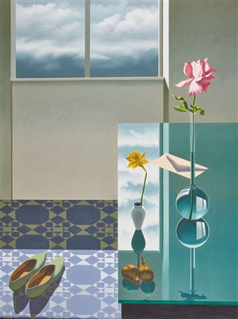 Interior with glass table and green shoes, 1989