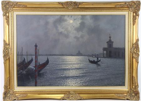 Venice scene at dusk, where gondolas are moored under a cloudy sky with a shimmering moonlit waterway