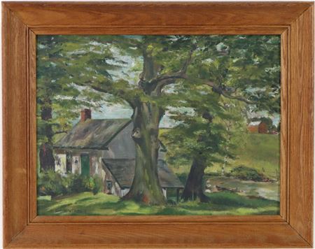 Rural landscape with white cottage by a stream.