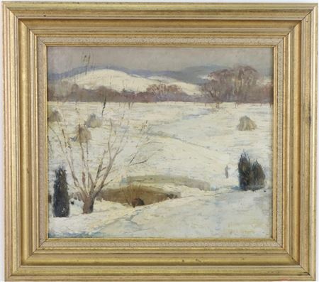 Impressionist winter scene with a snow swept valley and arch bridge.