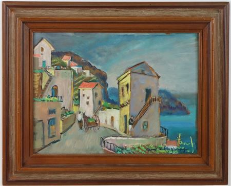 Coastal scene with a vendor and cart.