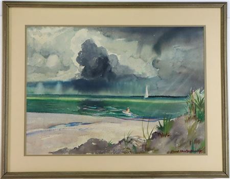 Coastal landscape with sailboats.