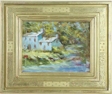 Impressionist painting of white house and red mailbox