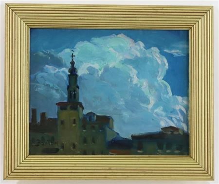 Impressionist landscape of a church spire with climbing clouds in the distance.