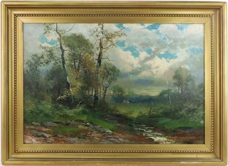 Forest landscape with a small stream and cottage in the distance