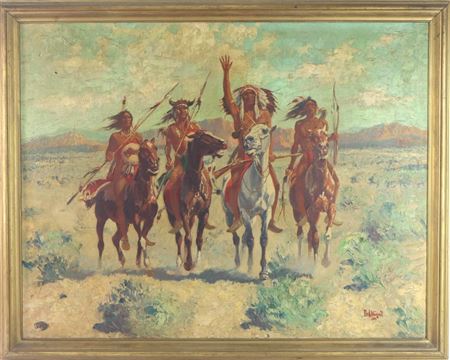 Realistic style scene of Native American warriors on horseback.