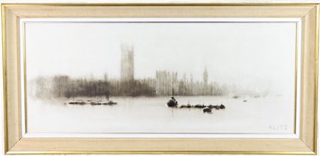 Impressionist urban landscape of London overlooking the Thames with Big Ben and Parliament in the distance.
