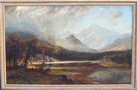 Sprawling landscape with watering cows and children, believed to be the Catskills