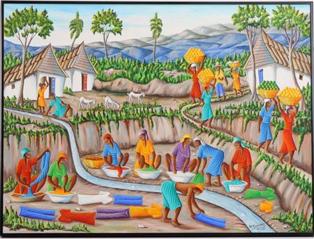 Haitian Folk Art Scene of Women Washing Clothes in a Stream