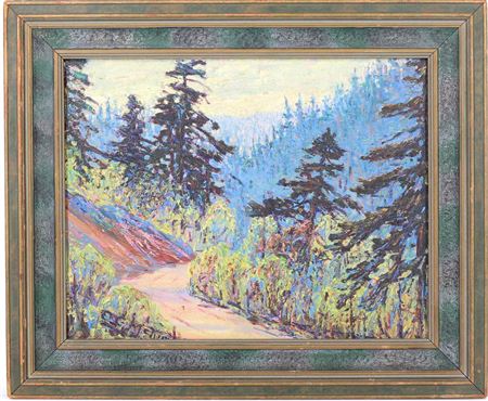Impressionist forest scene with a winding path
