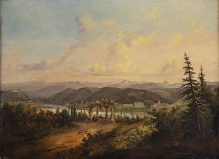 Vista de paisaje alpino con aldea y casa de campo, en primer término figuras bajo una pérgola