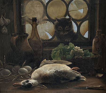 Still life with dead duck, cauliflower, bottles and eggs, from behind a cat looking through broken bull's-eye windows