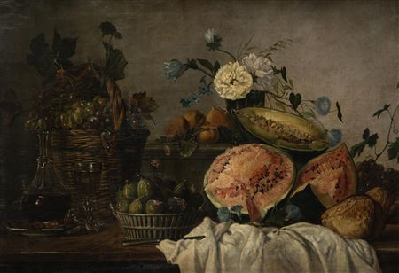 Table still life with flowers and fruits