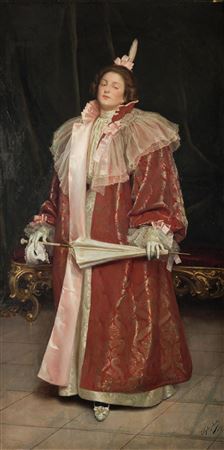 "Elegant lady with a mark and parasol"