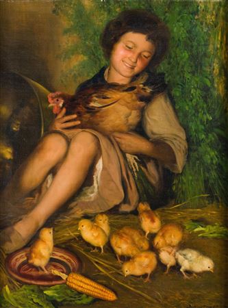 "Boy playing with hen and chicks", 1896