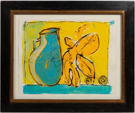 'Still Life with Blue Pitcher and Yellow Leaf'