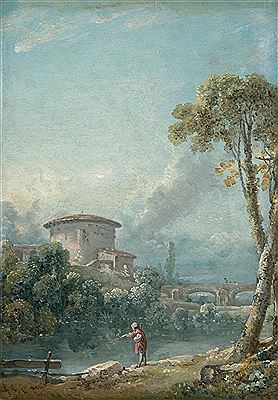 Landscape with a fisherman on the edge of a lake, in the background a large dovecote