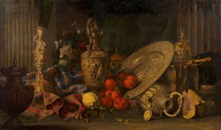 Composition with silver coins, oriental carpet, porphyry vase, shell, bigarade and citron tree