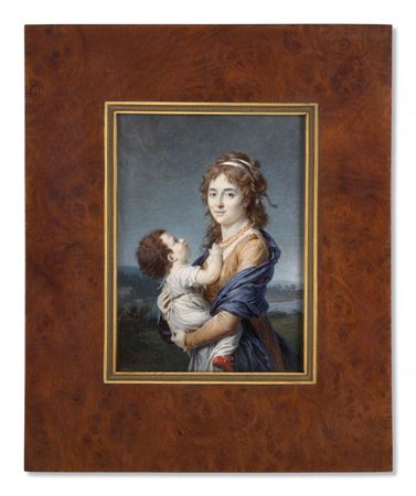 Portrait of baroness Dannery, Superintendent of the Royal House of Education of the Legion of Honour in Saint Denis, holding her son Jean Germain Samuel