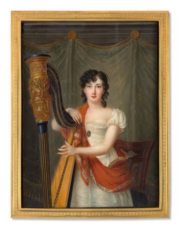 Portrait of a young lady in a white satin dress and orange shawl tuning her harp by Louis Marie Autissier - Auction record, sale price, and art valuation. Compare with similar artists and explore comparable artworks.