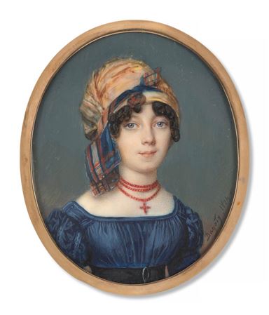 Portrait of a lady wearing a multi-coloured turban