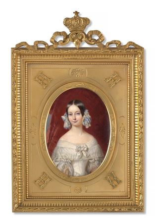 Portrait of the Duchesse d'Orléans, née Princess Hélène de Mecklembourg-Schwerin (1814-1858) in a white silk dress with blue ribbons in her hair
