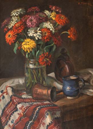 Still life with bushes and brass kettle