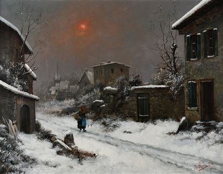 Soleil d’hiver sur le village enneigé, 1898 by Jean Bain - Auction record, sale price, and art valuation. Compare with similar artists and explore comparable artworks.