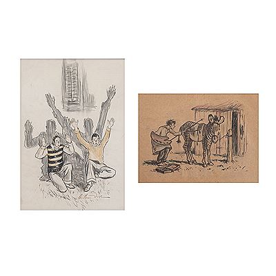 Two Seated Boys with Their Arms Up