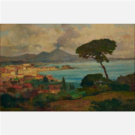 View of Naples, smoke rising from Vesuvius