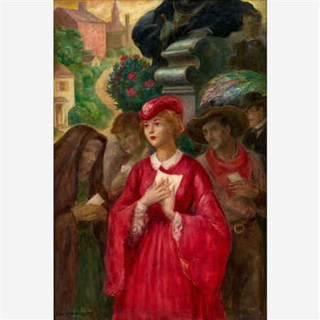 "Lady in Red Dress Clutching Papers"