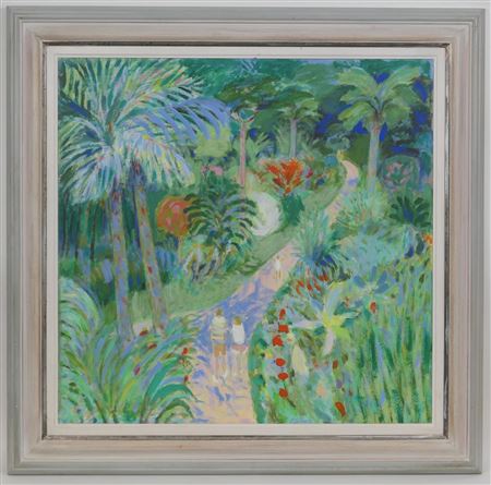 Artist and companion walking in tropical gardens