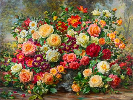 Still life with roses in a planter