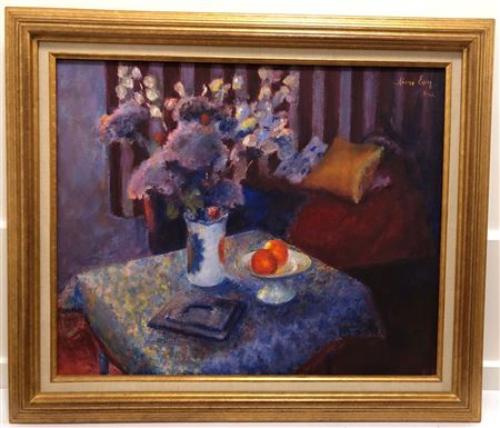 Still life with bouquet of flowers and fruit bowl