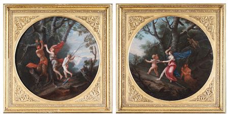 A)Cupido punisce una Ninfa e un Satiro legati ad un albero; b) Venere punisce Cupido sotto lo sguardo di un Satiro