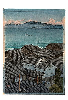 Suruga Okitsu-chō (Okitsu-chō in Suruga Province), depicting rooftops and distant fishing vessels